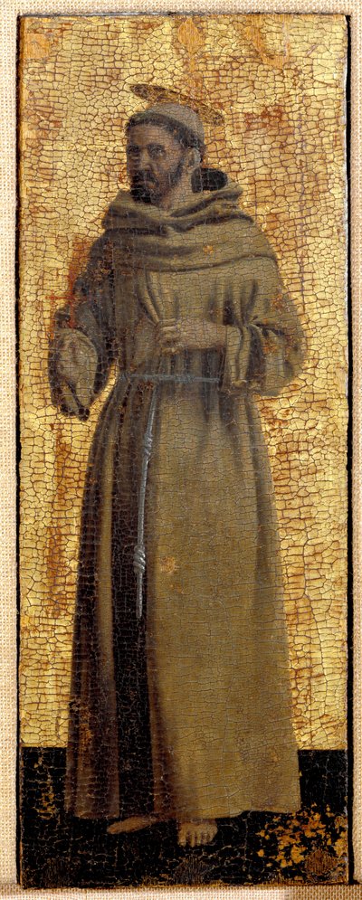 Polyptychon der Barmherzigkeit: die Jungfrau der Barmherzigkeit, umgeben von Heiligen. Detail, das den heiligen Franziskus von Assisi darstellt. Gemälde auf Holz von Piero della Francesca (1415/20-1492) 1445-1460 Sansepolcro, Pinacoteca Comunale von Piero della Francesca
