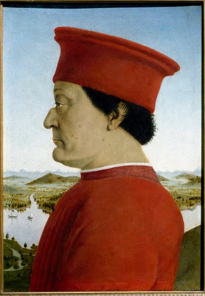 Porträts von Federico de Montefeltro, Herzog von Urbino und Battista Sforza (Detail von Federico da Montefeltro) von Piero della Francesca