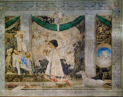 Sigismondo Pandolfo Malatesta, Herrscher von Rimini, kniet vor seinem Schutzpatron, dem heiligen Sigismund, heiligem König von Burgund von Piero della Francesca
