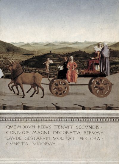 Triumph von Battista Sforza, Herzogin von Urbino. Battista und ihre Zofe, zwei theologische Tugenden und eine Nonne werden in einem Triumphwagen von zwei braunen Einhörnern gezogen, nach 1472 (Tempera auf Holz) (Detail) von Piero della Francesca