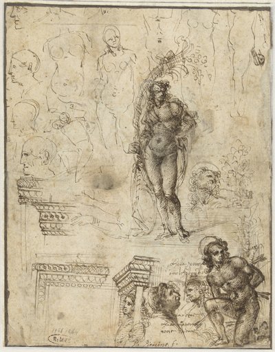 Studienblatt mit Köpfen, Figuren und Architekturfragmenten von Piero di Cosimo (attributed to)