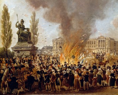 Die Feier der Einheit, Zerstörung der Embleme der Monarchie, Place de la Concorde von Pierre Antoine Demachy