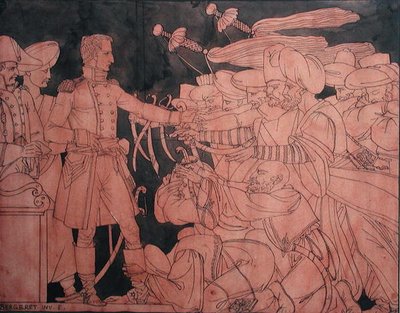 Napoleon I. (1769-1821) empfängt die Kapitulation der ägyptischen Führer während der Ägypten-Kampagne, Vorbereitungsentwurf für eine Vase von Pierre Nolasque Bergeret