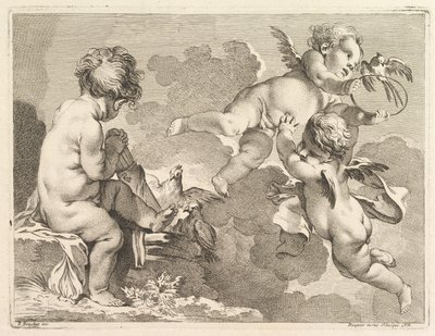 Drei Liebesgötter, einer sitzt und hält einen Köcher von Pierre Alexandre Aveline