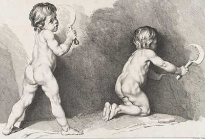 Zwei nackte Kinder stehen, aus dem Neuen Kinderbuch, 1720-60 von Pierre Alexandre Aveline