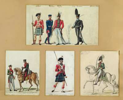 Die Uniformen schottischer Soldaten und preußischer, englischer, hannoveranischer und russischer Offiziere im Jahr 1814 von Pierre Antoine Lesueur