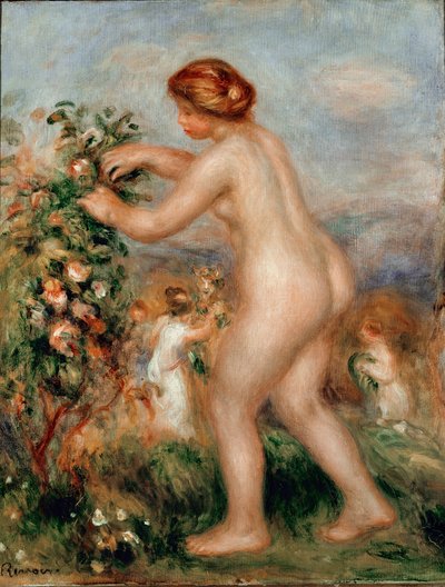 Ode an die Blumen. Nackte Frau pflückt Rosen an einem Rosenbaum von Pierre Auguste Renoir