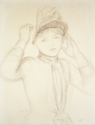Junge Frau, die ihren Hut richtet; Jeune Fille Arrangeant son Chapeau, um 1885 von Pierre Auguste Renoir