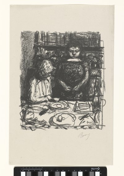 Sitzender Mann am Tisch mit Mahlzeit und stehende Frau von Pierre Bonnard