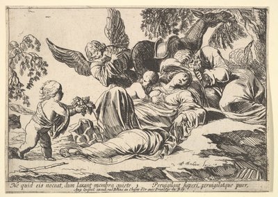 Engel geben der schlafenden Heiligen Familie Früchte von Pierre Brebiette
