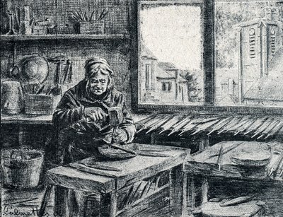 Ein Arbeiter bei der Feilenherstellung. Gravur von Pierre Calmette. Private Sammlung von Pierre Calmettes