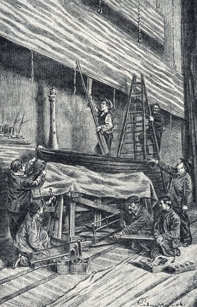 Requisiteure: Bühnenbilder vor der Aufführung aufstellen. Gravur aus „Excursion à travers les métiers“ von Pierre Calmette. Private Sammlung von Pierre Calmettes