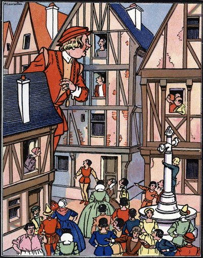 Der Riese Gargantua in den Straßen von Chinon, Illustration von Pierre Couselles aus 