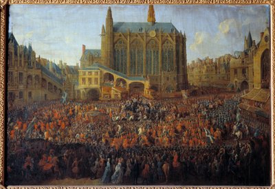 Abreise von Ludwig XV. nach dem Bett der Gerechtigkeit, das das Testament von Ludwig XIV. bricht, gehalten in der Großen Kammer des Parlaments von Paris von Pierre Denis Martin