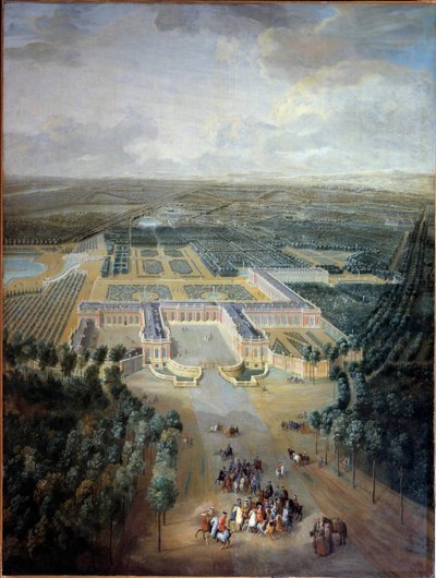 Perspektivische Ansicht des Schlosses und der Gärten von Trianon: Spaziergang von König Ludwig XV. zu Pferd. (Detail) von Pierre Denis Martin