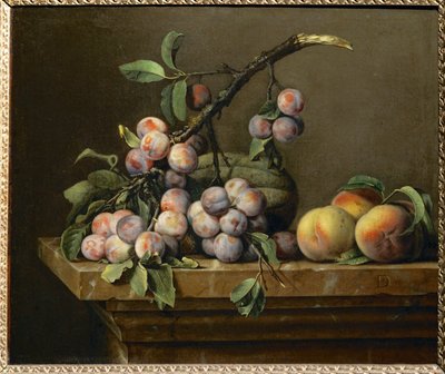 Pflaumen, Kürbisse und Pfirsiche auf einem Marmortisch von Pierre Dupuis