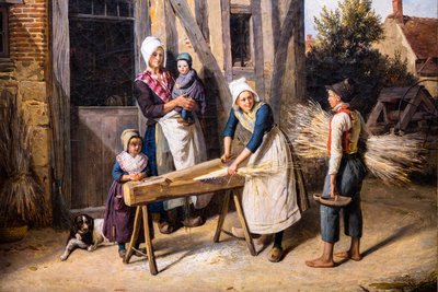 Die Bauernfamilie (Bauern beim Hanfvorbereiten vor der Hütte) von Pierre Duval Le Camus