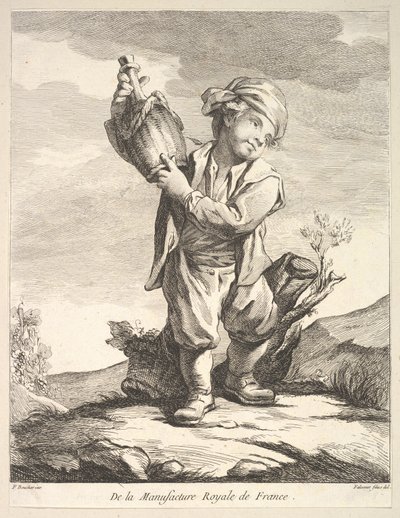 Kleiner Junge hält ein Gefäß, aus Premier Livre de Figures nach den Porzellanen der M..., 1757 von Pierre Etienne Falconet