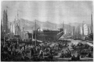 Boot des Fleurs, ein Restaurant und Vergnügungsort im Hafen von Shanghai, 1860, China. Gravur von Grandsire, in "Le Tour du Monde, Nouveau journal des Voyages", herausgegeben von Edouard Charton, Paris von Pierre Eugene Grandsire