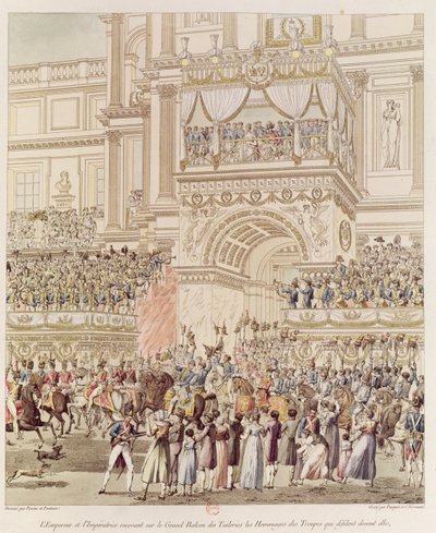 Der Kaiser und die Kaiserin empfangen die Huldigung der französischen Truppen vom Balkon der Tuilerien anlässlich ihrer Hochzeit, graviert von Charles Pierre Joseph Normand (1765-1840) von Pierre Francois Leonard Fontaine