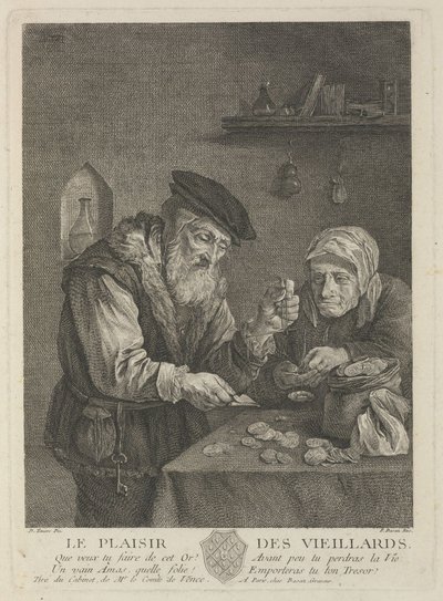 Freuden des Alters nach dem Gemälde von David Teniers dem Jüngeren, Mitte des 18. Jahrhunderts von Pierre François Basan