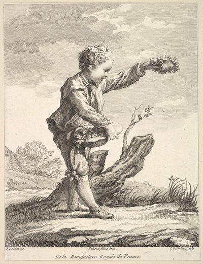 Kleiner Junge mit einem Kranz und einem Korb voller Blumen, aus Deuxième Livre de Figures d