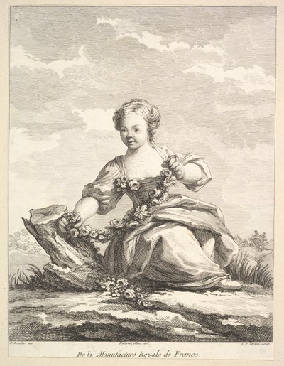 Kleines Mädchen, das eine Blumengirlande hält, aus Deuxième Livre de Figures d