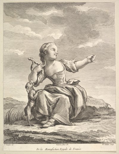 Kleines Mädchen spielt mit einem Hund, aus Deuxième Livre de Figures d