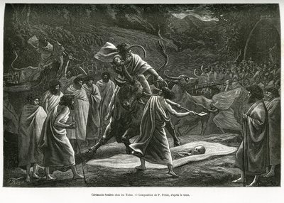 Eine Beerdigungszeremonie für die Todas, eine kleine pastorale Gemeinschaft auf dem Nilgiri-Plateau (Südindien), während der Beerdigung werden Rinder geopfert. Gravur von P. Fritel, um den Bericht Erinnerungen an eine Reise zu den Nilgherries zu illustrier von Pierre Fritel
