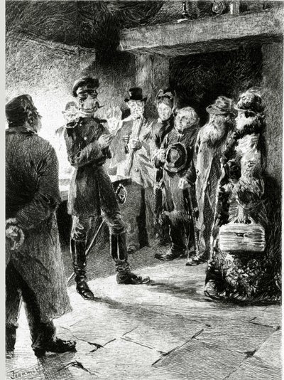 Ein deutscher Offizier fordert Boulle de suif im Austausch für die Freiheit aller verhafteten Passagiere in der Kutsche. In „Boule de suif“ von Guy de Maupassant (1850-1893). Illustration von P. G. Jeanniot (1848-1934). Veröffentlicht bei Ollendorff von Pierre Georges Jeanniot