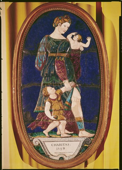 Plakette, die Nächstenliebe darstellt, Limoges, 1559 von Pierre I Courteys