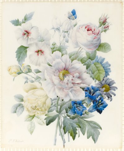 Ein Blumenstrauß mit einer Pfingstrose, Rosen, Hibiskus, Astern, Enzian und einem imaginären blauen Schmetterling von Pierre Joseph Redouté