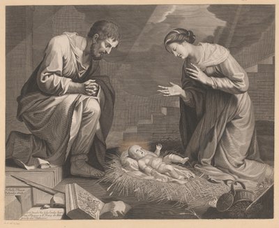 Maria und Josef in Anbetung vor dem Christuskind von Pierre Landry