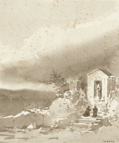 Zwei kniende Personen auf der Treppe vor einer Kapelle in den Bergen von Pierre Luc Charles Ciceri