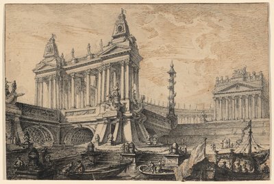 Architektonische Fantasie eines prächtigen antiken Hafens von Pierre Moreau