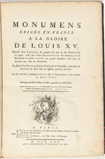 Denkmäler in Frankreich zu Ehren von Ludwig XV., vorangestellt von einem Bild des Fortschritts der Künste und Wissenschaften unter seiner Herrschaft,...Werk bereichert mit den Plätzen des Königs, in Kupferstich graviert von Pierre Patte