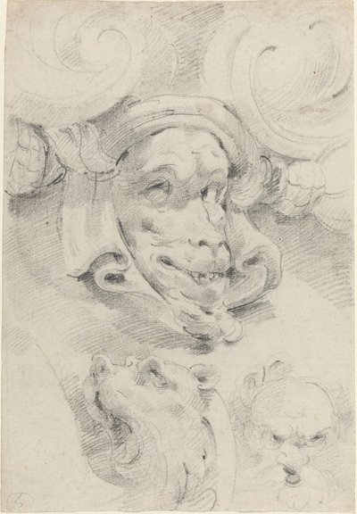 Ornamentale Skizzen mit grotesken Masken von Pierre Puget