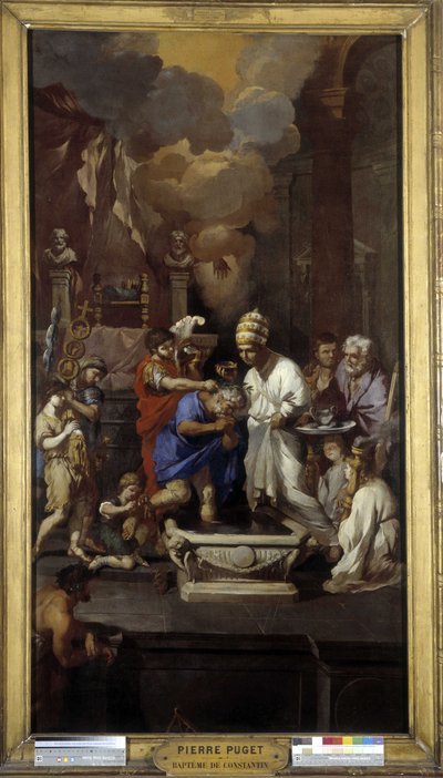 Die Taufe von Konstantin: Kaiser Caius Flavius Valerius Aurelius Constantinus empfängt das Sakrament von Papst Silvester I. (Heiliger) in der Basilika St. Johannes im Lateran in Rom von Pierre Puget