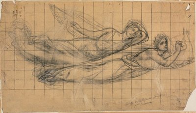 Zwei fliegende Figuren mit einer Lyra (Studie für Der heilige Hain, geliebt von den Künsten und den Musen) von Pierre Puvis de Chavannes