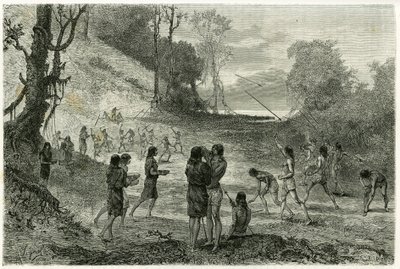 Speerwurfspiele zwischen 2 Stämmen der Zaparros, Männer üben und Frauen reiten ohne Angst um die Spieler herum und servieren ihnen Getränke. Gravur von Vignal, zur Illustration der Geschichte „Amazonas und Kordilleren“ von Pierre Vignal