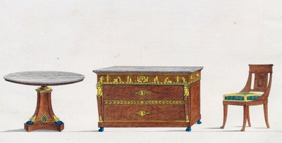 Mahagonitisch, Kommode und Stuhl, Tafel 241, Illustration aus Collection de meubles et objects de gout (Sammlung von Möbeln und Geschmackgegenständen) von Pierre de La Mesangere