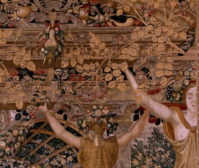Flämischer Wandteppich. Serie Vertumnus und Pomona. Vertumnus verwandelt sich in einen Bauern. Zweiter Wandteppich der Serie. Rechter Teil die Verwandlung der Nymphe Myrrha. Modell Kreis von Pieter Coecke van Aelst. Herstellung Wilhelm Pannemaker, Brüssel. von Pieter (circle of) Coecke van Aelst