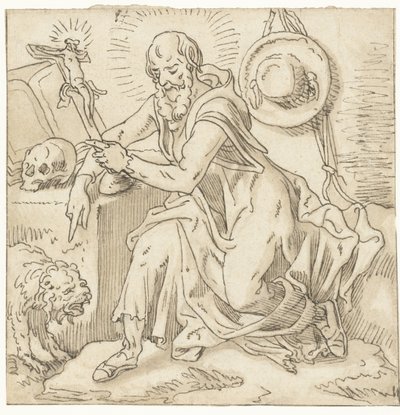 Heiliger Hieronymus, sitzend bei einem Kruzifix, Buch und Schädel von Pieter Aertsen (workshop of)
