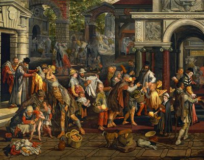 Christliche Werke der Barmherzigkeit (Matthäus 25:35-36) von Pieter Aertsen