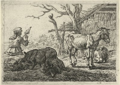 Spinnende Frau, Schweine und Esel (Verschiedene Tiere) von Pieter Bodding van Laer