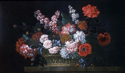 Stillleben mit Nelken, Levkojen, Pfingstrosen, Winden und anderen Blumen in einem Korb auf einem Stein Sims von Pieter Casteels