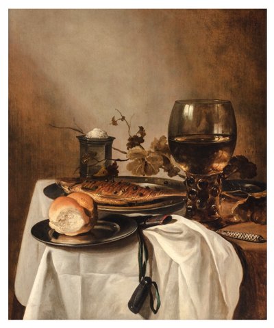 Ein Brötchen, Hering, silberner Salzstreuer, großer Römer und Messer auf einem drapierten Tisch, ca. 1644 von Pieter Claesz