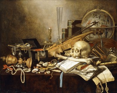 Ein Vanitas-Stillleben mit Musikinstrumenten und Manuskripten, einem umgestürzten vergoldeten Becher, einem Schmuckkästchen, einem Kerzenhalter, einem astrologischen Globus, einer Perlenkette, Juwelen, Muscheln, einem Schädel und einem Oberschenkelknochen  von Pieter Claesz