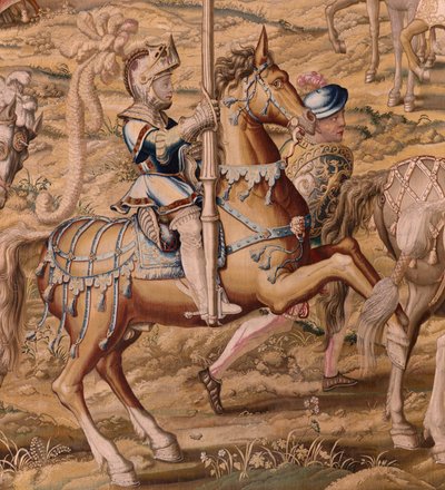Flämischer Wandteppich. Serie Die Eroberung von Tunis. Truppeninspektion in Barcelona. Zweiter Wandteppich der Serie. Modell Jan Vermeyen und Pieter Coecke van Aelst. 1543-1548. Herstellung Real Fábrica de Tapices de Santa Bárbara, Madrid von Pieter Coecke van Aelst