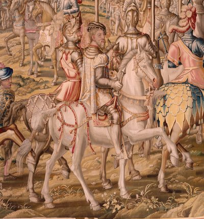 Flämischer Wandteppich. Serie Die Eroberung von Tunis; Truppenbesichtigung in Barcelona. Zweiter Wandteppich in der Serie. Modell Jan Vermeyen und Pieter Coecke van Aelst. 1543-1548. Herstellung Real Fábrica de Tapices de Sant von Pieter Coecke van Aelst